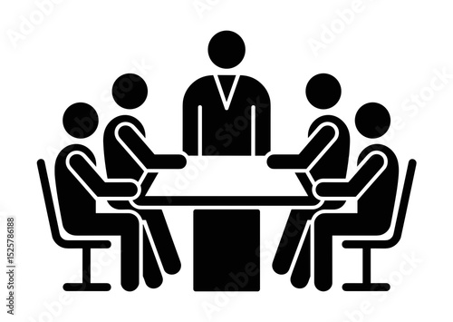 Illustration of a meeting with five people sitting around a square table in a conference room setting