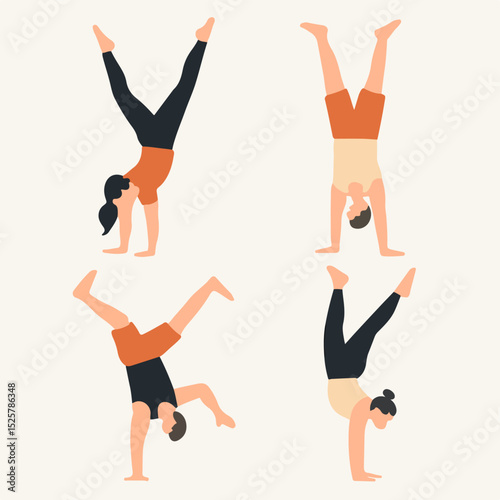Vector Set People doing gymnastics exercise training handstand