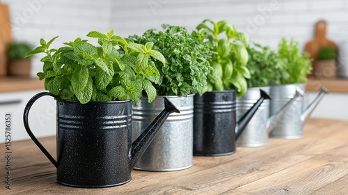 Fresh herbs in decorative watering cans on a wooden surface.