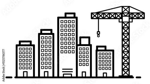 A black and white line drawing of city buildings and a crane under construction in a simple style