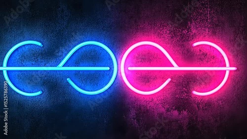 Neon light design featuring intertwined blue and pink loops against a textured dark background