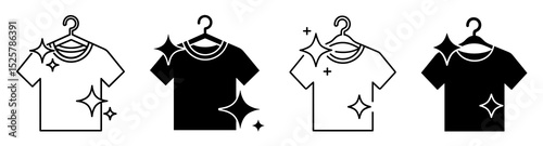 Illustration of clean t shirts on hangers with sparkles in black and white color palette style design
