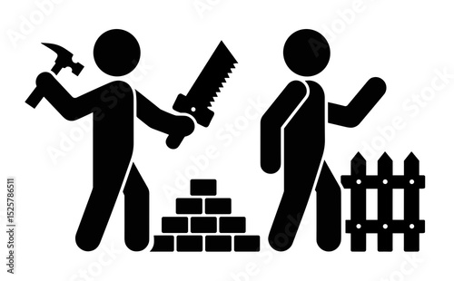 Construction scene showing two stick figures building with bricks and a fence using tools like a saw