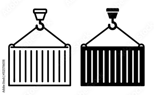 Illustration of two containers hanging from cranes in black and white isolated on a white background view