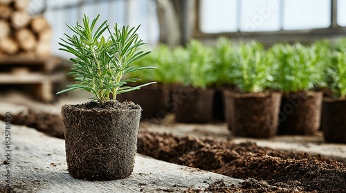 Young rosemary plant in a small pot, ready for planting.