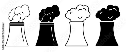 Four stylized cooling towers emitting smoke in black and white vector illustration design art work