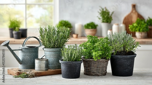 Potted herbs and a watering can on a wooden surface.