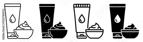 Four sets of cosmetic cream tubes and bowls with cream in black and white line art style display