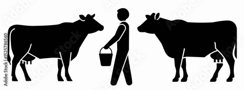 Illustration of a farmer with bucket standing between two cows in a simple black and white design