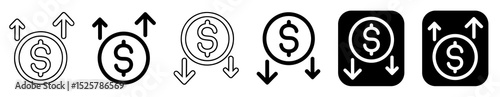 Various dollar coin icons showing money flow with arrows in different styles and representations