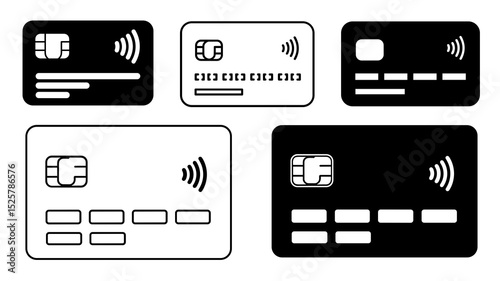 Illustration of five credit card icons in black and white showing contactless payment technology symbol