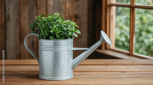 A galvanized watering can with a small herb plant.