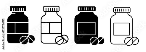 Illustration of four medicine bottles with pills in black and white vector graphic design art