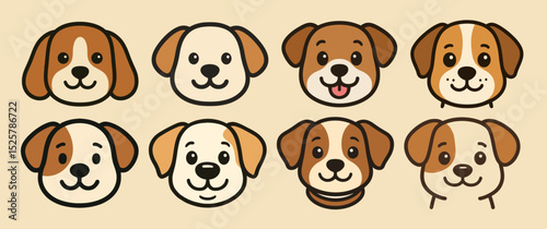 Collection of eight cartoon dog faces with different color patterns and facial expressions displayed nicely