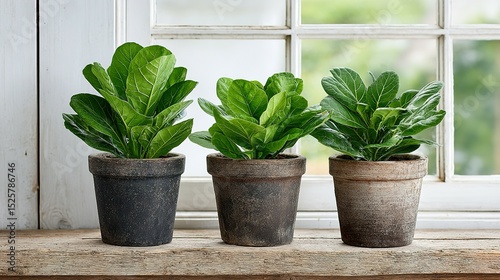 Three potted plants with lush green foliage on a windowsill.