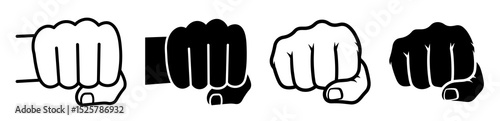 Collection of four fists in different styles and colors in a row on a white background