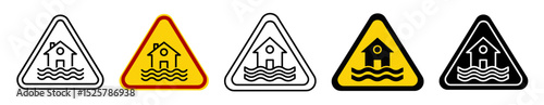Depiction of five flood warning signs in various color schemes and line styles on a white background