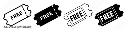 Four different free ticket icons in black and white with jagged edges and the word free on them