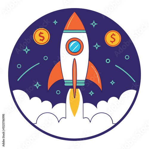 Rocket ship launch with dollar coins in space symbolizing financial growth