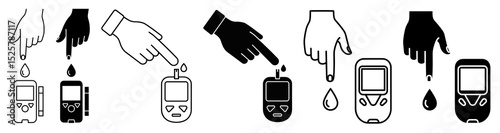 Illustrations showing blood glucose monitoring with hands and glucometers in black and white color palette