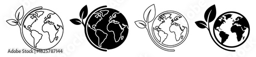 Four earth globe icons with leaves symbolizing nature and environment in black and white colors set