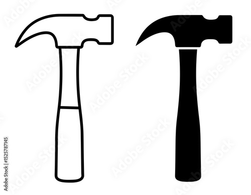 Outline and solid black hammer illustrations side by side on a white background display tools icon