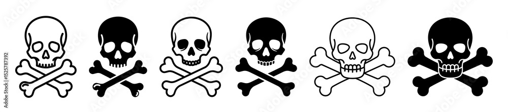 Fototapeta premium Collection of six skull and crossbones icons in black and white variations on a white background