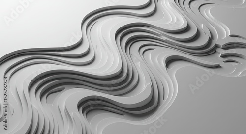 Abstract, layered, wavy forms in light gray.  Complex, sculpted, three-dimensional design.  Rippled,  flowing,  organic,  modern,  geometric