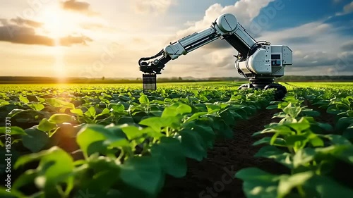 Robotic arm tending to vibrant green crops under a sunset sky in a modern agricultural field