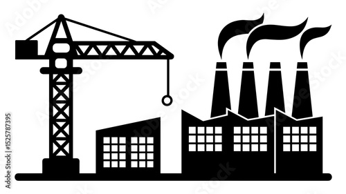 Silhouette of a construction crane next to industrial buildings with smoke stacks and many windows shown