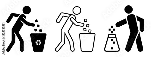 Three stick figures disposing of trash in different types of containers in a line formation shown here