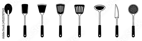 Illustration of various kitchen utensils including spoons spatulas and a knife in black and white style
