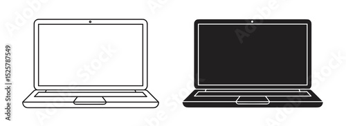 Illustration of two laptops one in outline style and one in solid black color on a white background