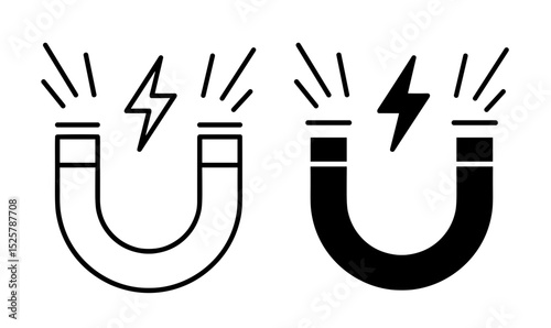 Two magnets with lightning bolts showing magnetic force field in black and white illustration