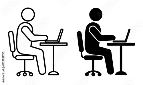 Illustration showing two stick figures sitting at desks and working on laptops in black and white design