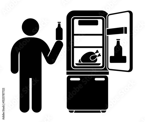 Stick figure holding bottle stands next to open refrigerator containing chicken and another bottle inside it