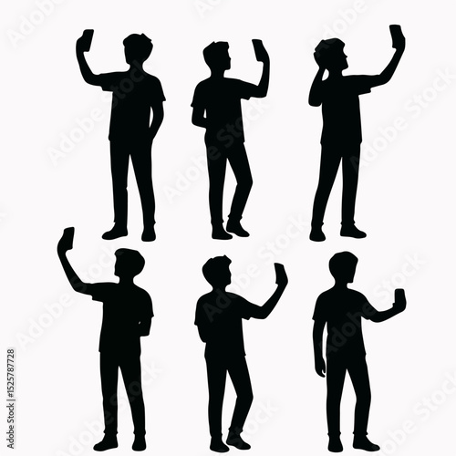 Vector Set an isolated black vector silhouette of a teenager taking a selfie, shown holding a phone against a plain white background.
