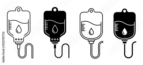 Illustration of four iv bags with liquid and a drip inside, two filled and two outlined in black color