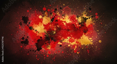 Abstract splatter art in red, gold, and dark tones