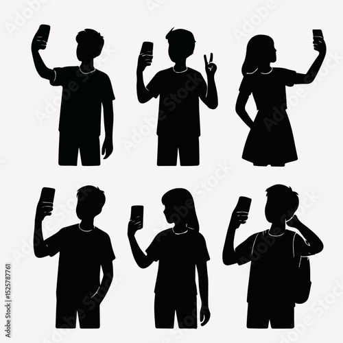 Vector Set an isolated black vector silhouette of a teenager taking a selfie, shown holding a phone against a plain white background.
