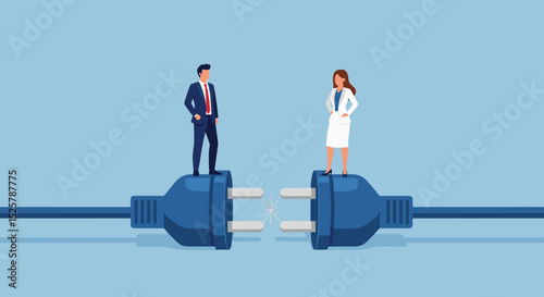 Business connection, teamwork collaboration, join force or agreement for success, partnership communication or customer support concept, businessman partner handshake on connecting electric plug.