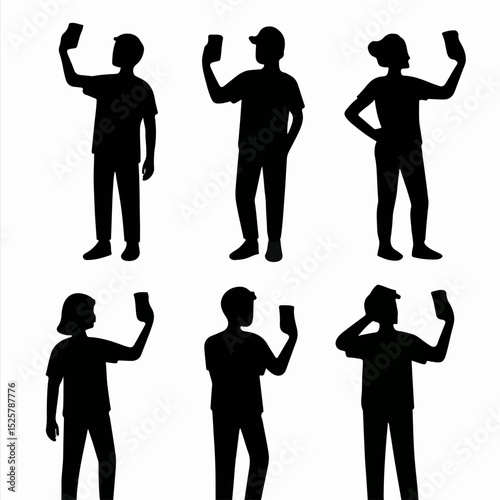 Vector Set an isolated black vector silhouette of a teenager taking a selfie, shown holding a phone against a plain white background.
