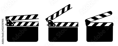 Three black and white clapperboards in different positions for film production and movie making scene tool
