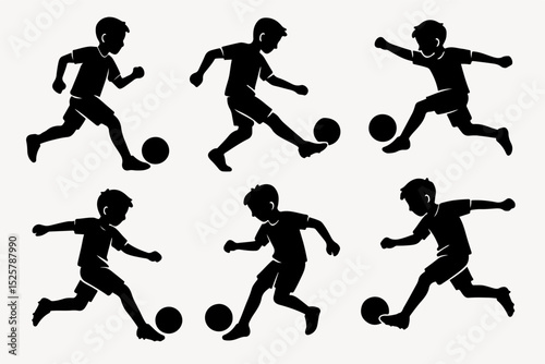 Vector Set an isolated black vector silhouette of a teenager playing soccer, depicted in action against a plain white background, emphasizing the kick

