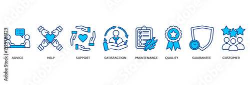 After-sales service icon set vector illustration concept relate to advice, help, support, satisfaction, maintenance, quality, guarantee, customer
