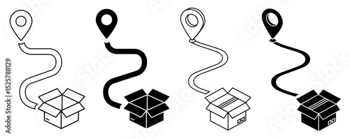 Four delivery routes shown from location pin to open box in black and white isometric line art style design