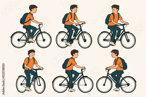 vector set a teenager is riding a bicycle with a simple and minimalist flat design style, plain white background
