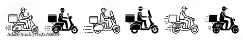 Illustrations of delivery scooters with riders and packages in varied black and white designs