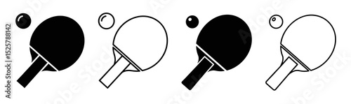 Four table tennis sets with paddles and balls in black and white on a light background isolated view