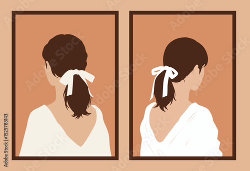 Two framed portraits of women with ponytails and white bows against a neutral background art piece
